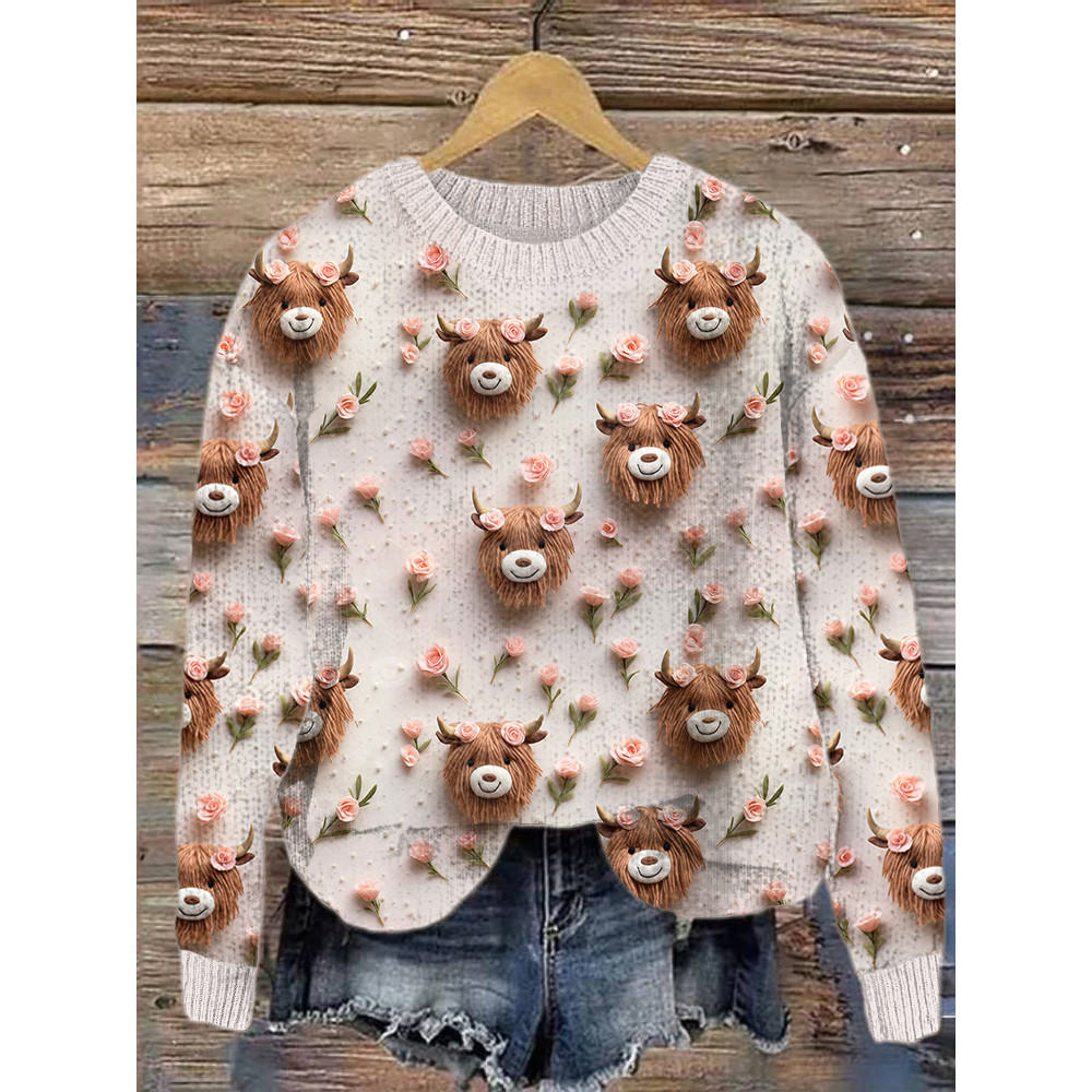 Valentines Day Roses & Highland Cow Cozy Knit Sweater