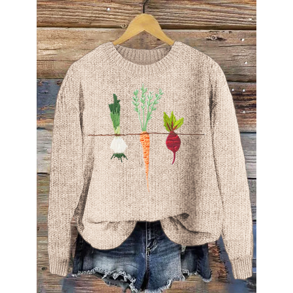 Vegetable Embroidery Crew Neck Sweater