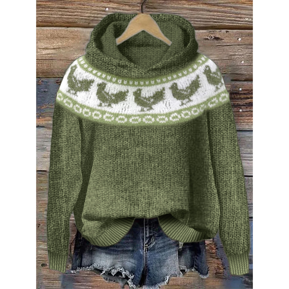 Vintage Chicken Inspired Cozy Knit Yoke Hoodie