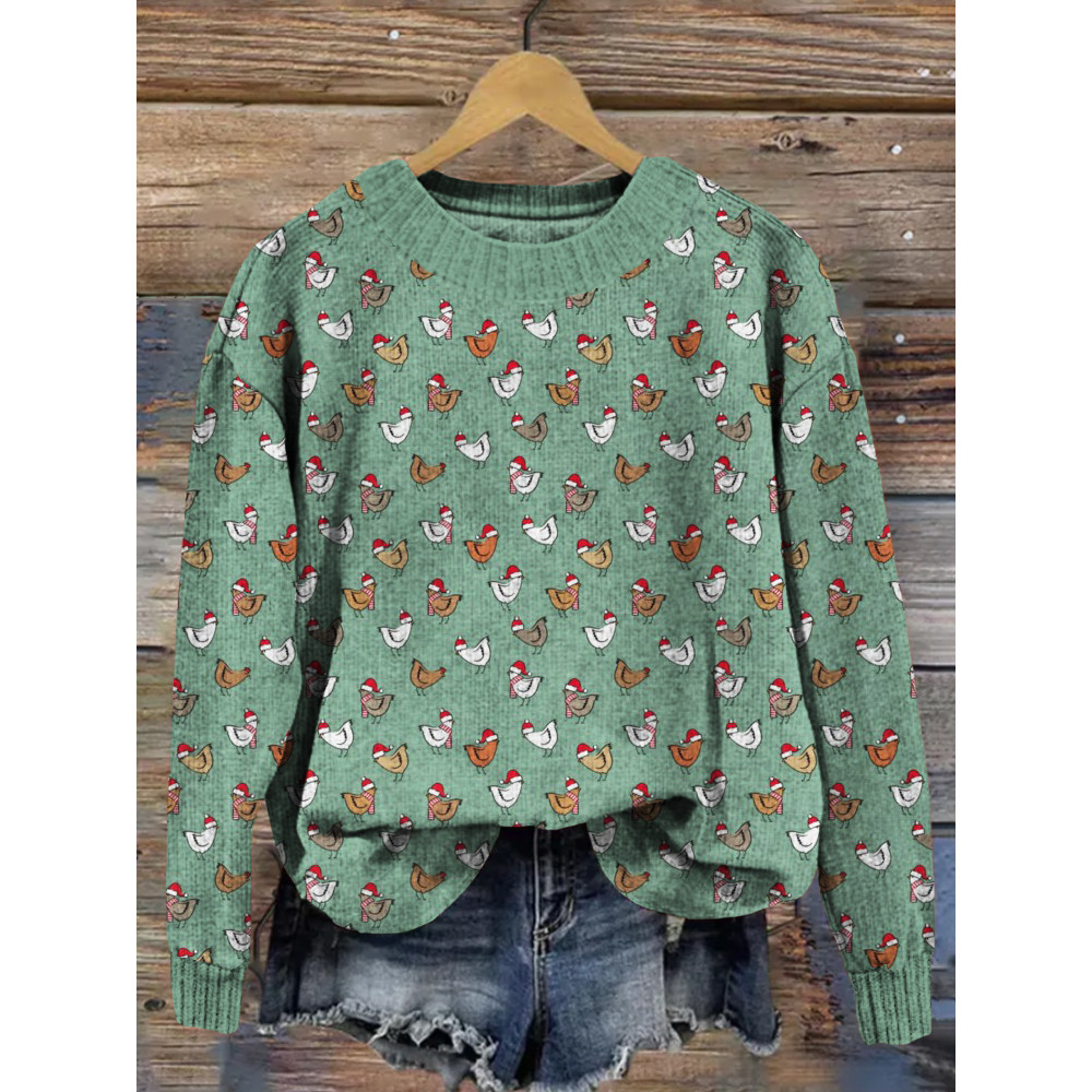 Vintage Christmas Chickens Pattern Cozy Knit Sweater