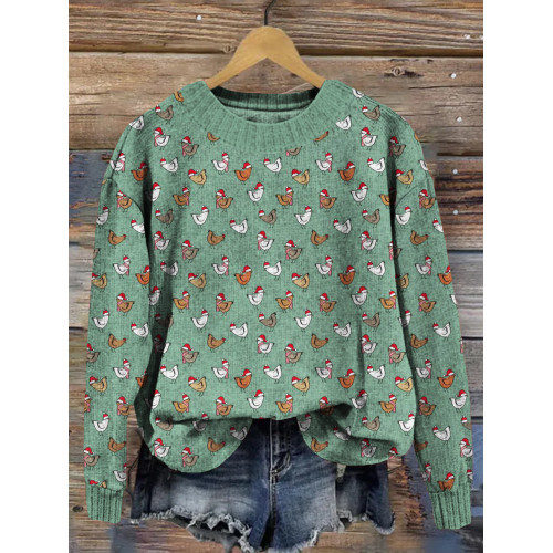 Vintage Christmas Chickens Pattern Cozy Knit Sweater
