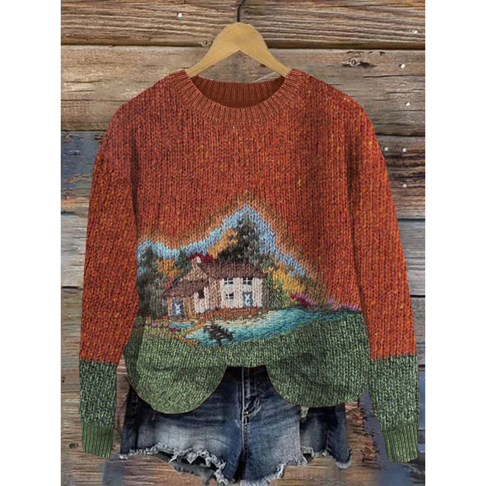 Vintage Cottage Landscape Contrast Knit Art Cozy Sweater