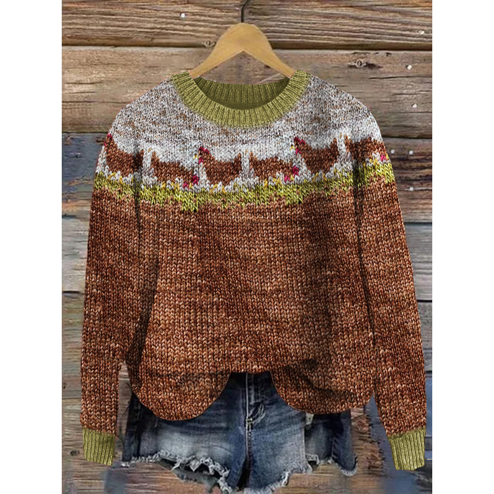 Vintage Farm Chicken Inspired Cozy Knit Sweater