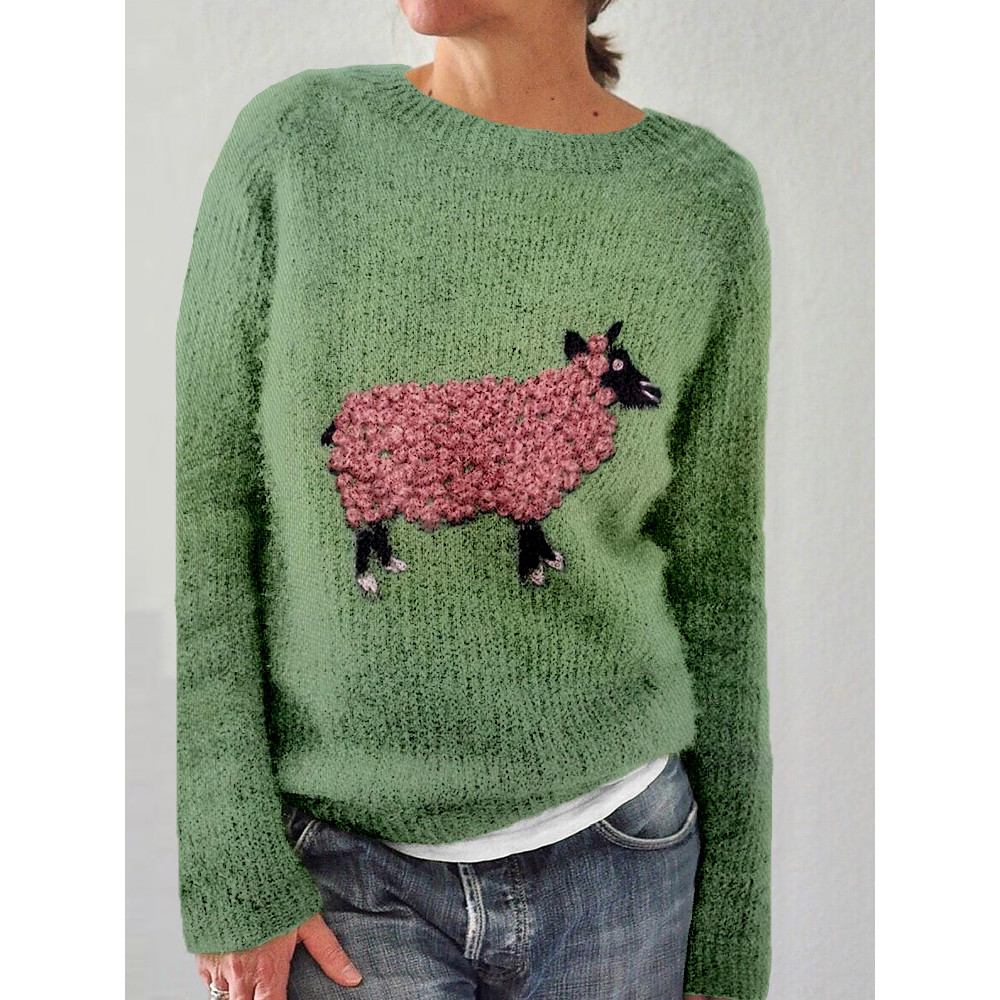 Vintage Fluffy Sheep Embroidery Art Cozy Knit Sweater