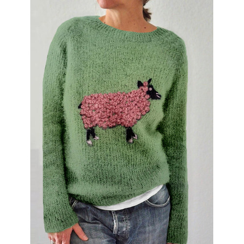 Vintage Fluffy Sheep Embroidery Art Cozy Knit Sweater