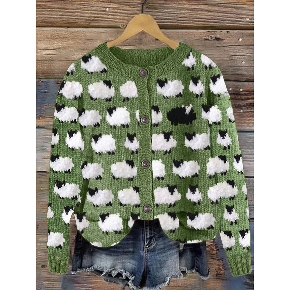 Vintage Fuzzy Sheep Fleece Pattern Cozy Knit Cardigan