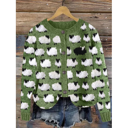 Vintage Fuzzy Sheep Fleece Pattern Cozy Knit Cardigan