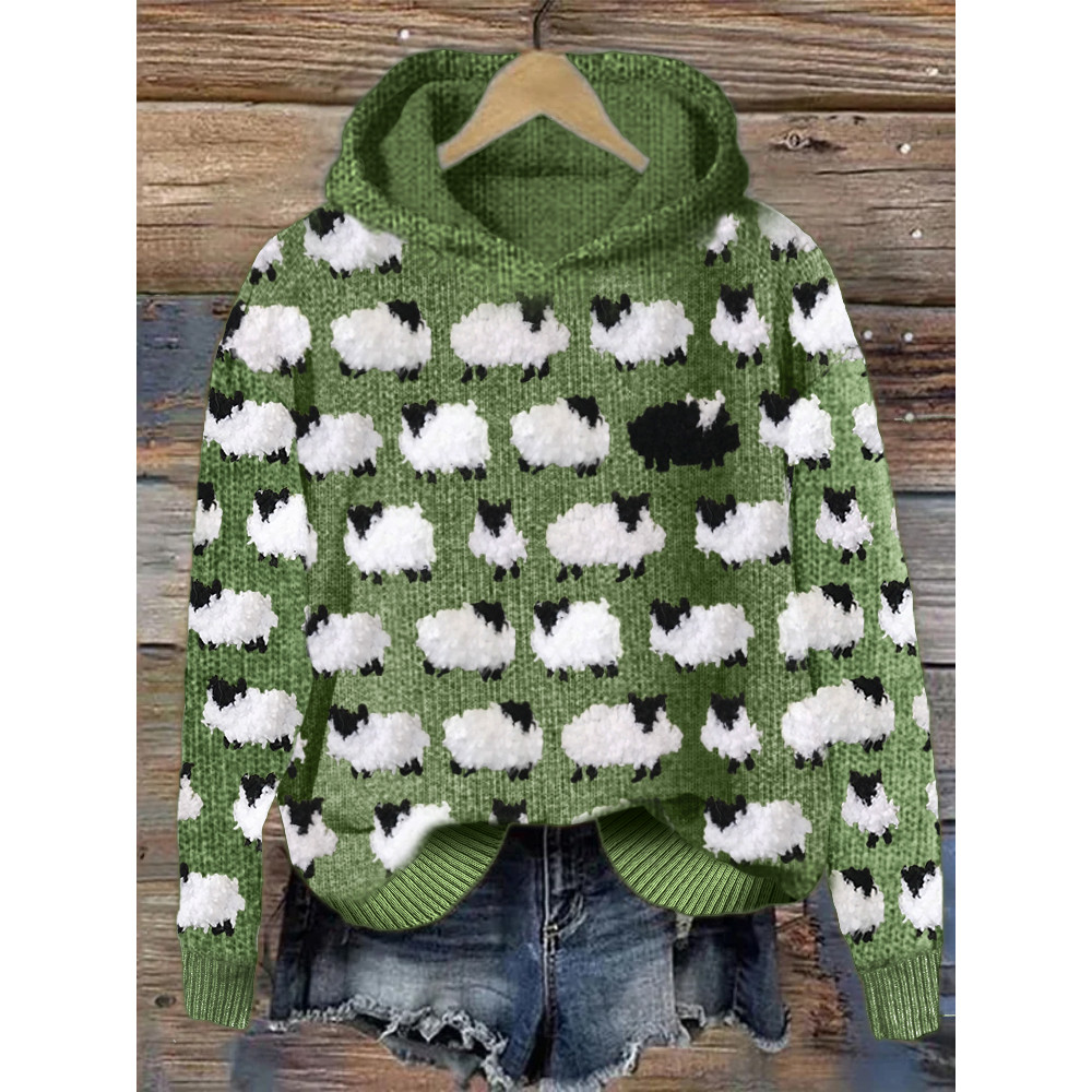 Vintage Fuzzy Sheep Fleece Pattern Cozy Knit Hoodie