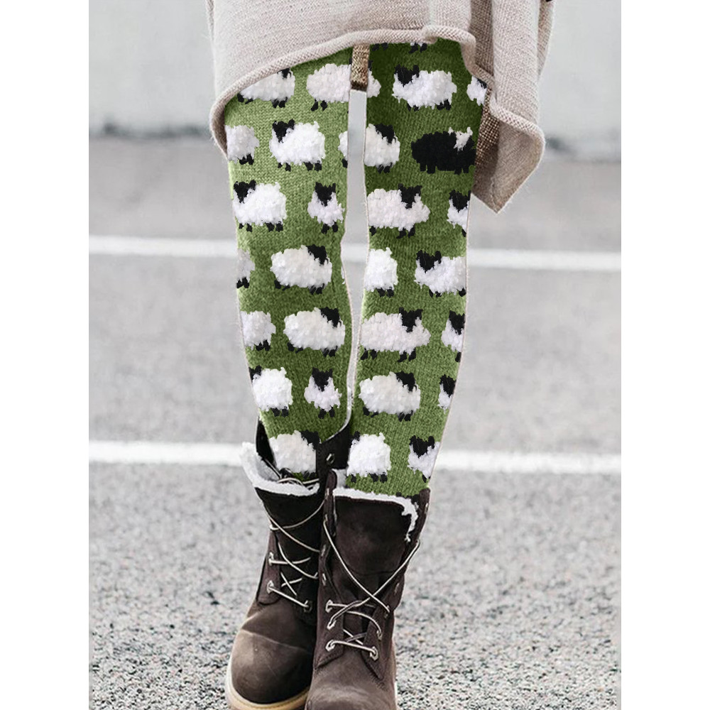 Vintage Fuzzy Sheep Fleece Pattern Cozy Leggings