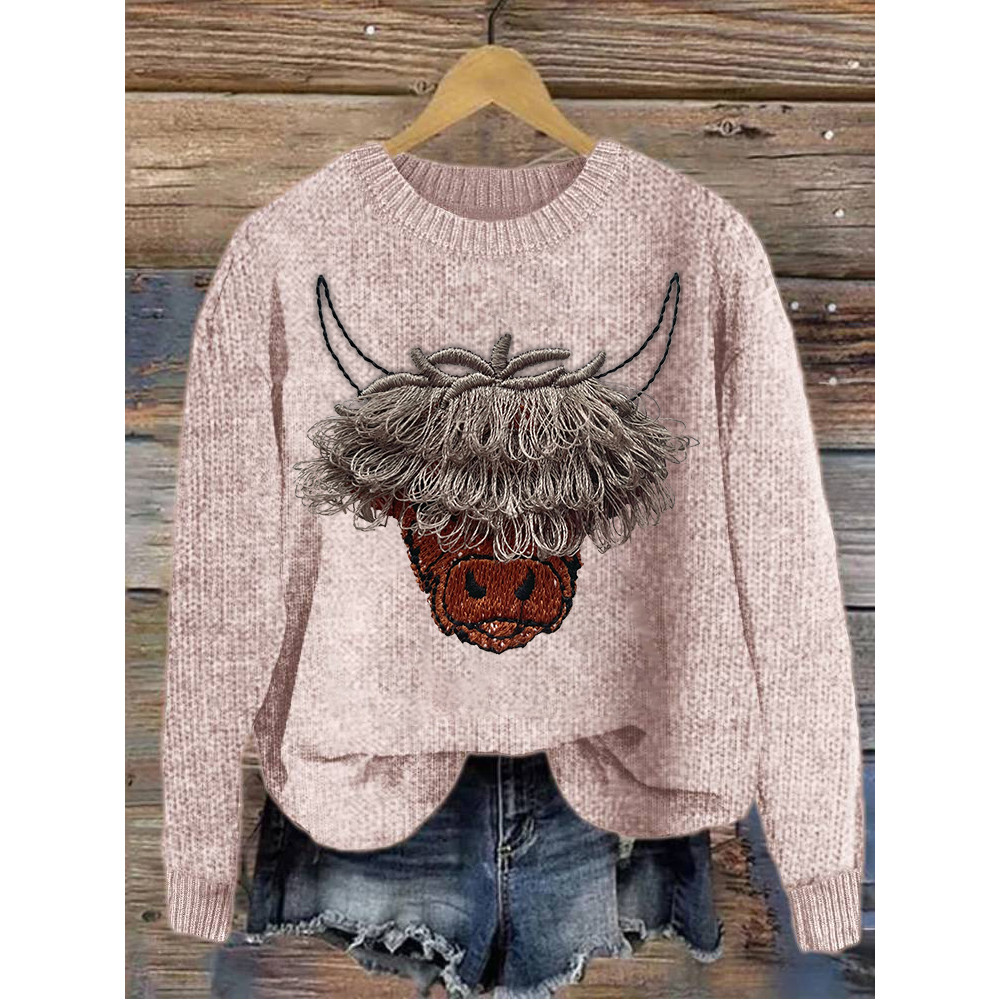 Vintage Highland Cow Embroidery Cozy Knit Sweater