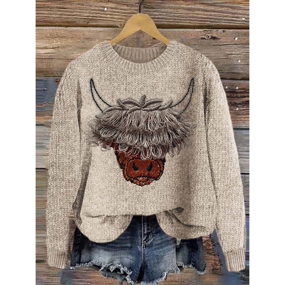 Vintage Highland Cow Embroidery Cozy Knit Sweater