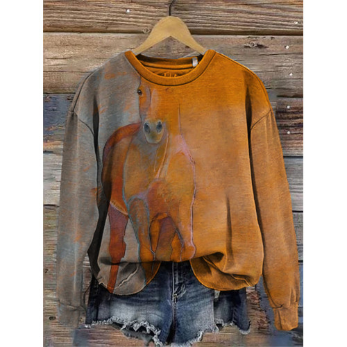 Vintage Horse Art Contrast Color Comfy Sweatshirt