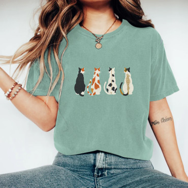 Vintage Lovely Cute Cats Embroidery Pattern Cotton T-Shirt