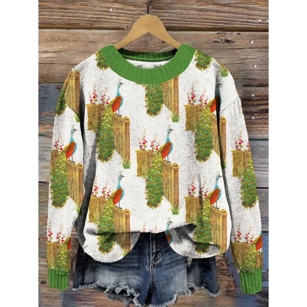 Vintage Peacock Embroidered Cozy Knit Sweater