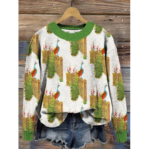 Vintage Peacock Embroidered Cozy Knit Sweater