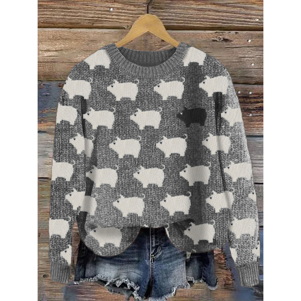 Vintage Pigs Pattern Cozy Knit Sweater