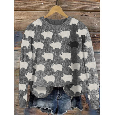 Vintage Pigs Pattern Cozy Knit Sweater
