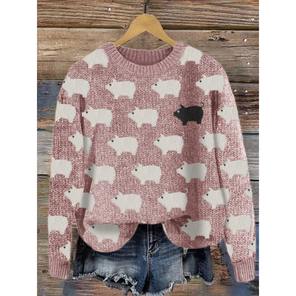 Vintage Pigs Pattern Cozy Knit Sweater