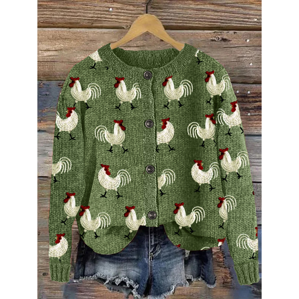 Vintage Roosters Embroidery Pattern Cozy Knit Cardigan