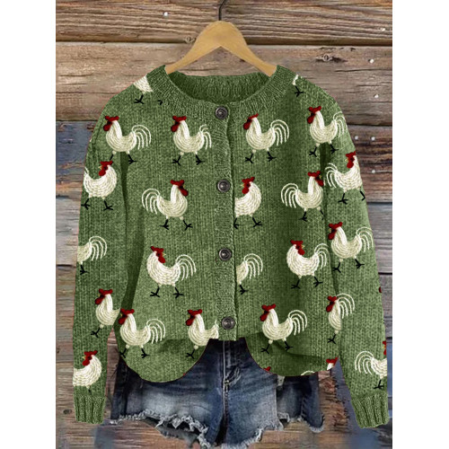 Vintage Roosters Embroidery Pattern Cozy Knit Cardigan