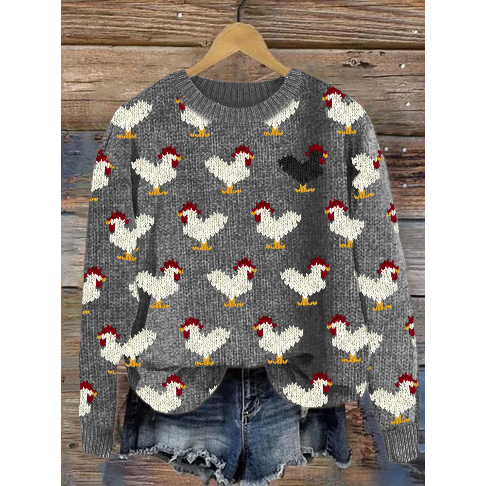 Vintage Roosters Pattern Cozy Knit Sweater