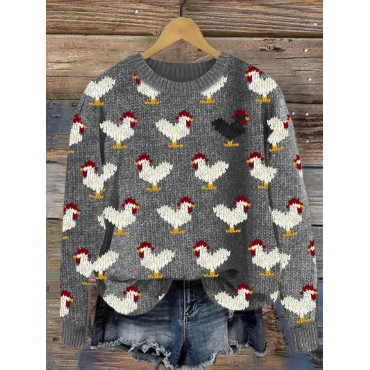 Vintage Roosters Pattern Cozy Knit Sweater