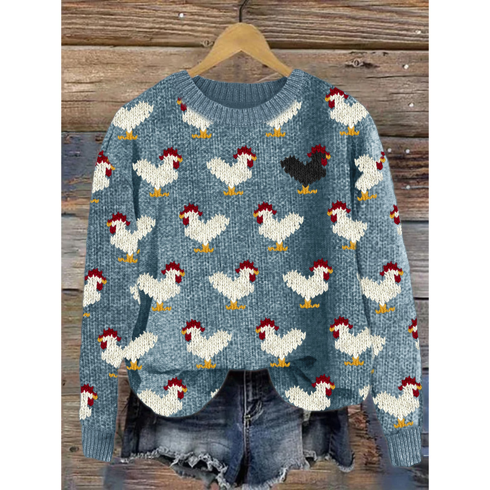 Vintage Roosters Pattern Cozy Knit Sweater