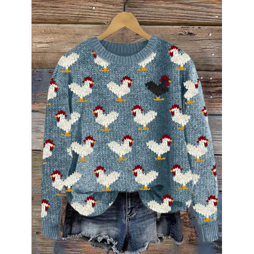 Vintage Roosters Pattern Cozy Knit Sweater