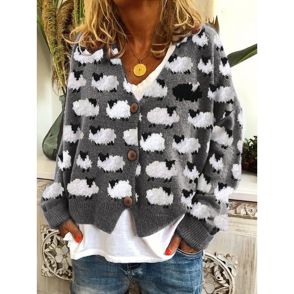 Vintage Sheep Fleece Pattern Cozy Knit Cardigan