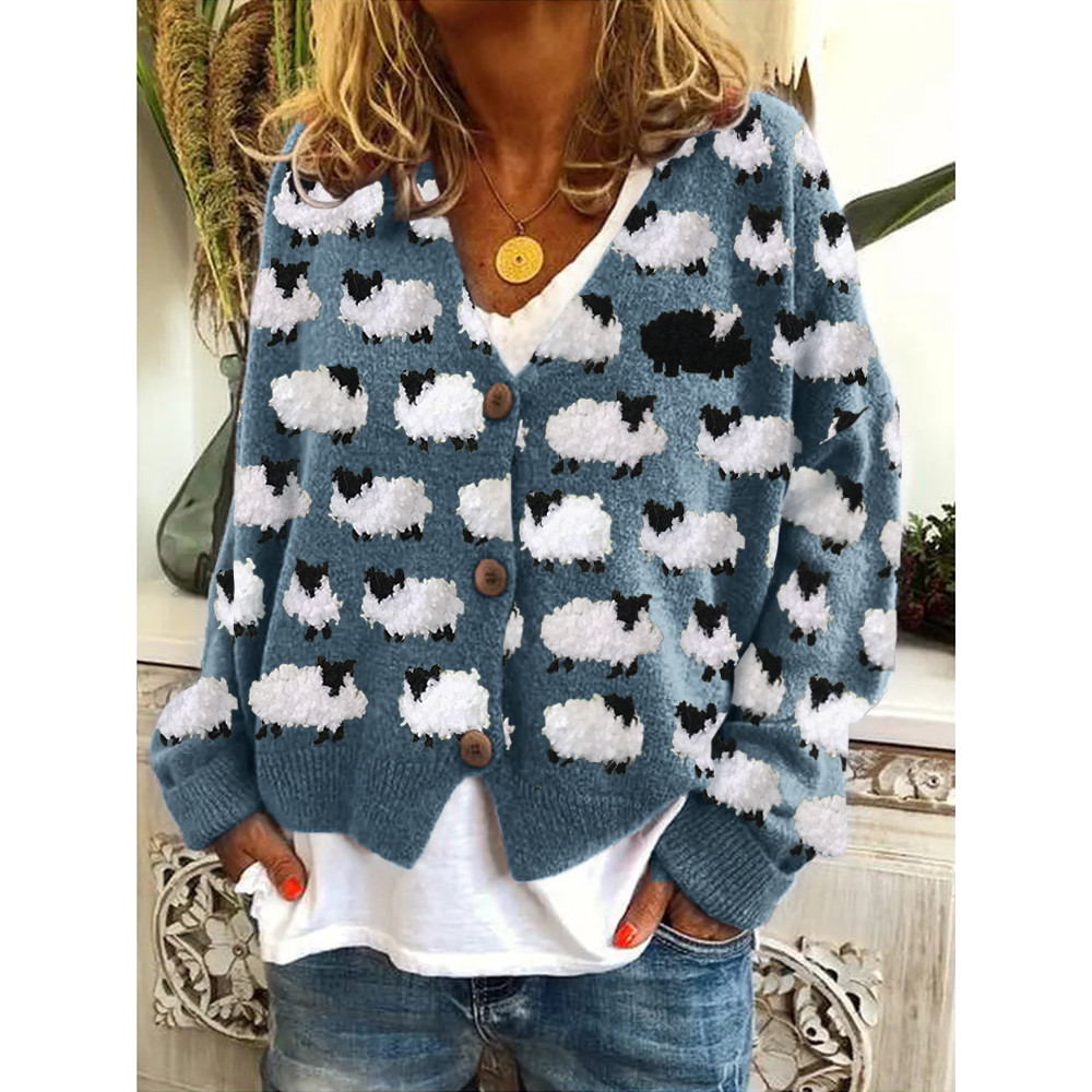 Vintage Sheep Fleece Pattern Cozy Knit Cardigan