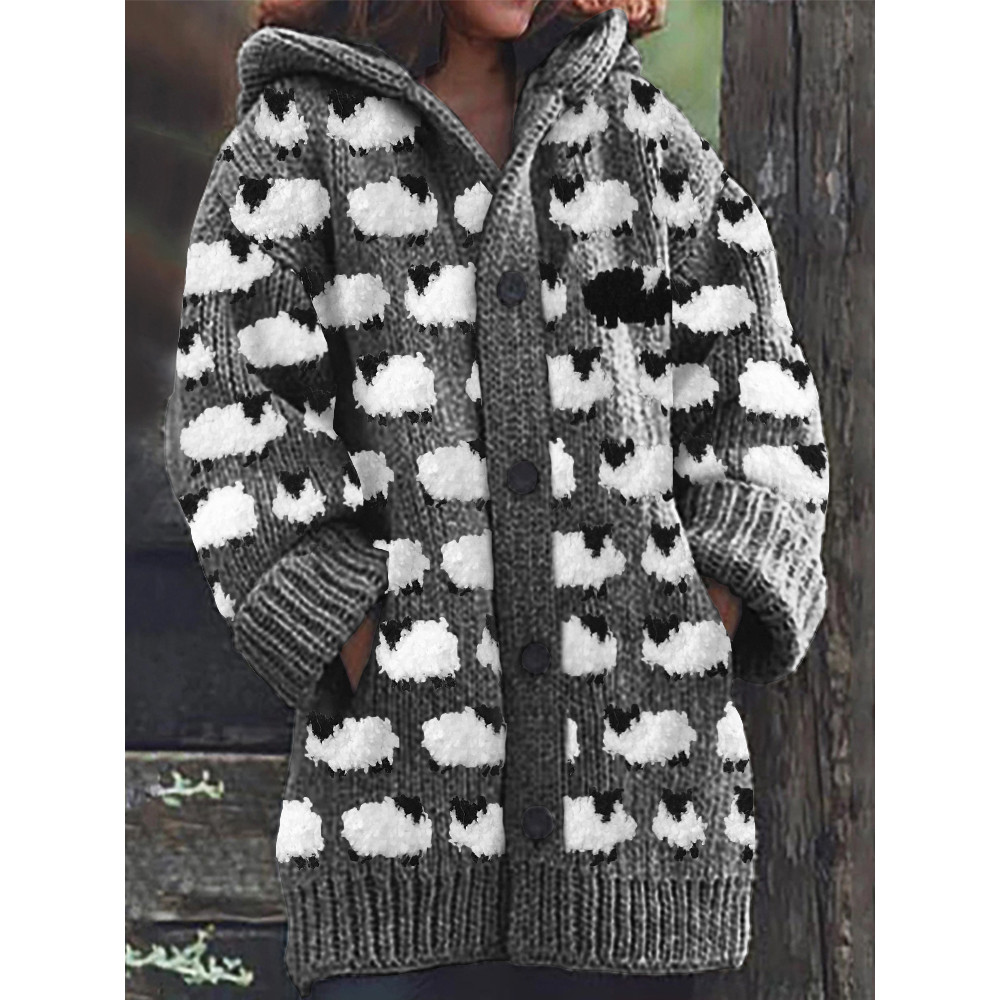 Vintage Sheep Fleece Pattern Cozy Knit Hooded Cardigan