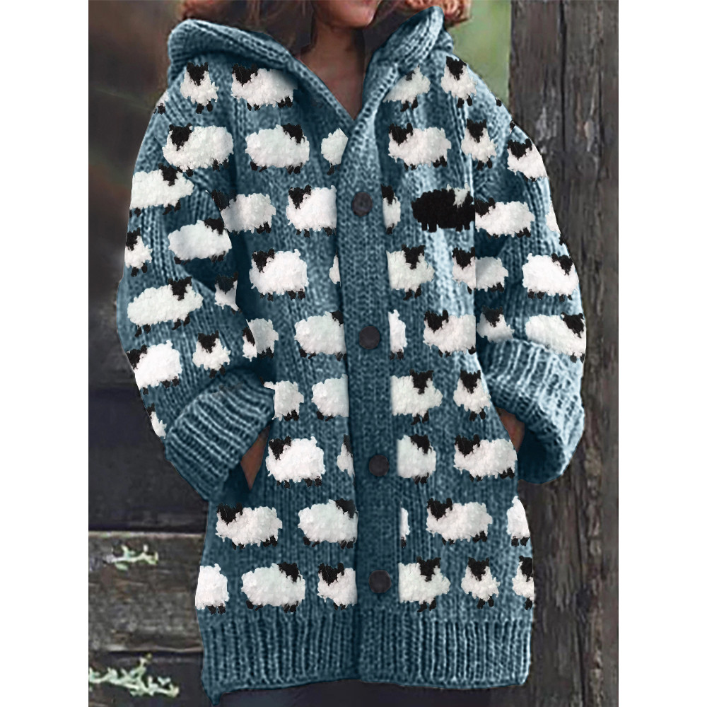 Vintage Sheep Fleece Pattern Cozy Knit Hooded Cardigan
