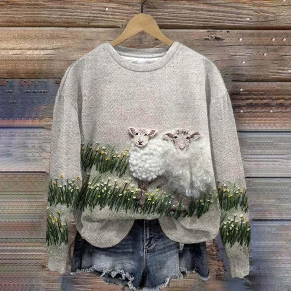 Vintage Sheep Grass And Flowers Print Sweatshirt