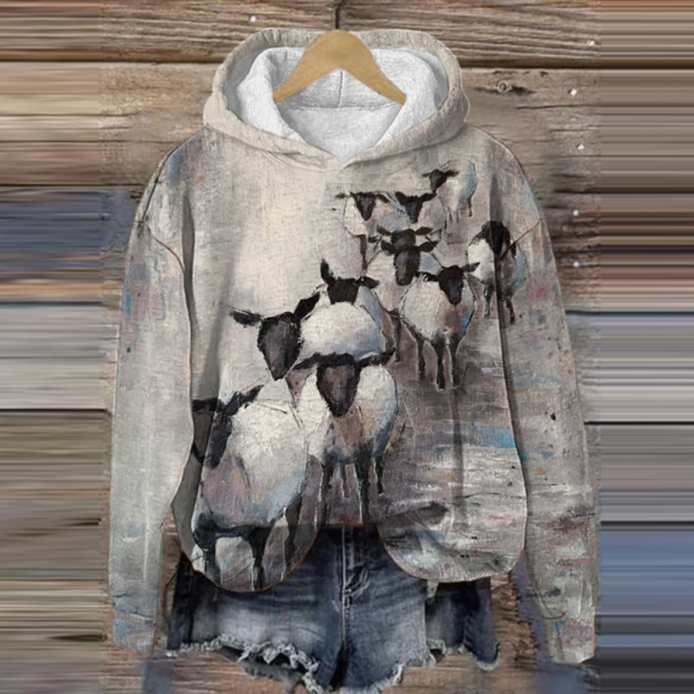 Vintage Sheep Print Casual Long Sleeve Hoodie
