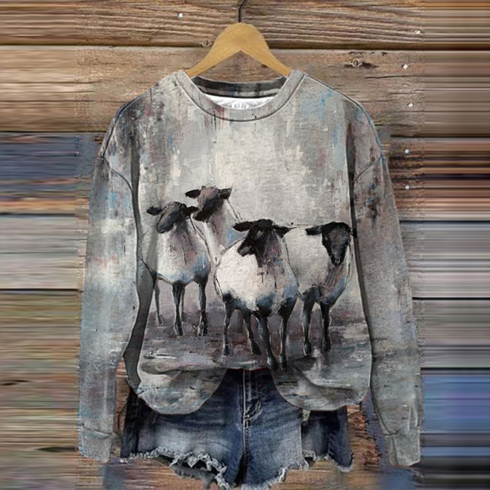 Vintage Sheep Print Casual Sweatshirt