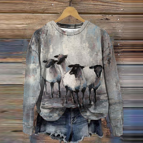 Vintage Sheep Print Casual Sweatshirt