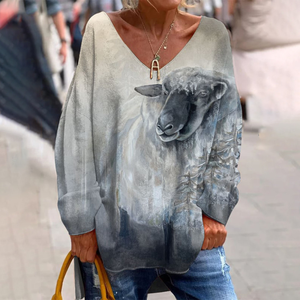 Vintage Sheep Print V-Neck Long Sleeved Loose T-Shirt