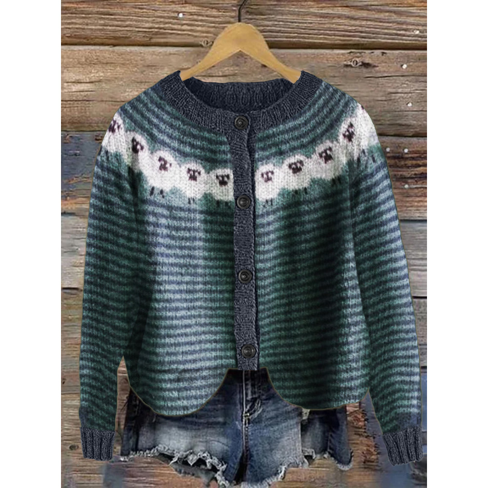Vintage Sheep Yoke Striped Cozy Knit Cardigan