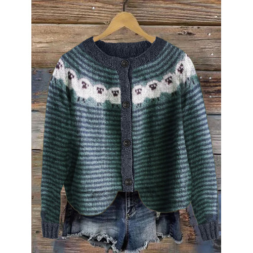 Vintage Sheep Yoke Striped Cozy Knit Cardigan