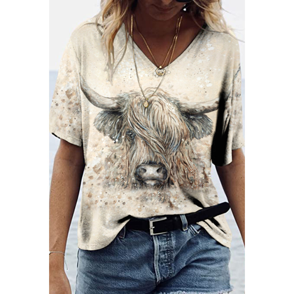 Vintage Western Cow Print V Neck Casual T-Shirt