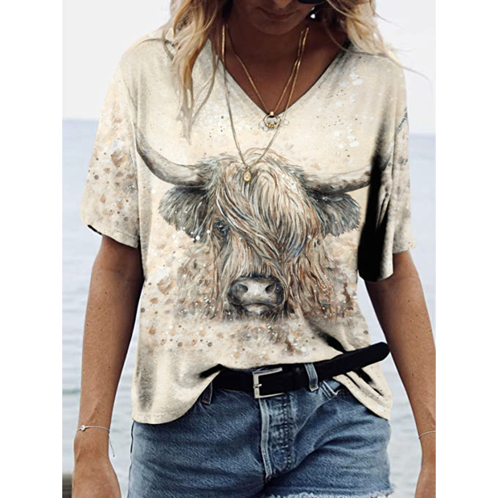 Vintage Western Cow Print V Neck Casual T-Shirt