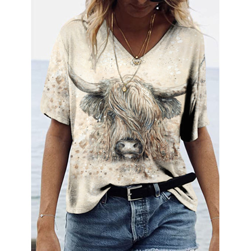 Vintage Western Cow Print V Neck Casual T-Shirt