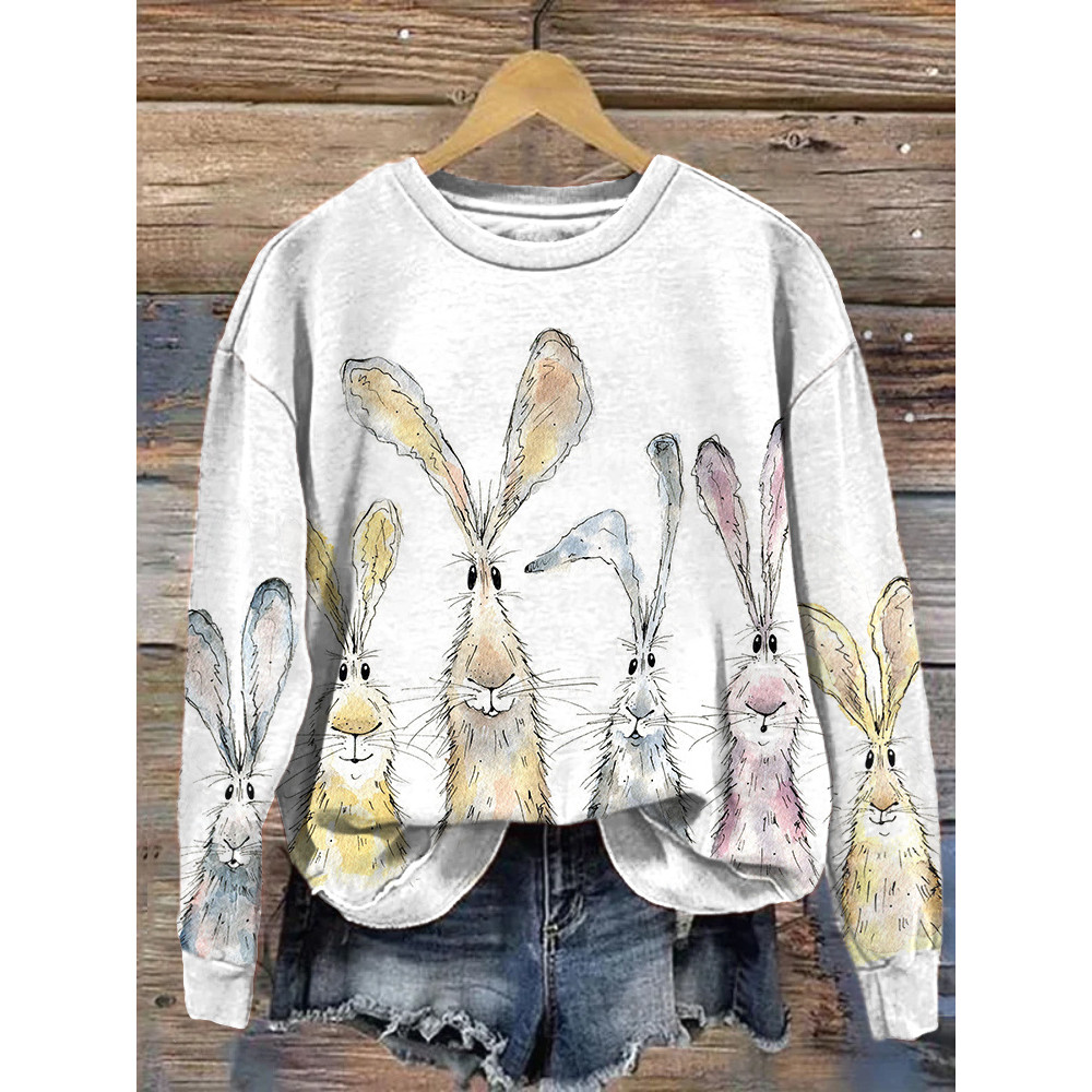 Watercolor Bunny Print Casual Cozy Sweatshirt