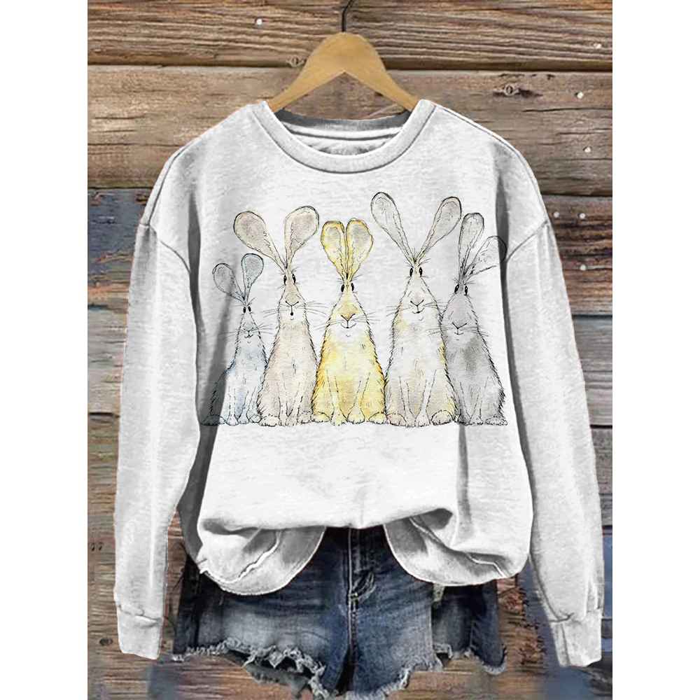 Watercolor Bunny Print Casual Cozy Sweatshirt