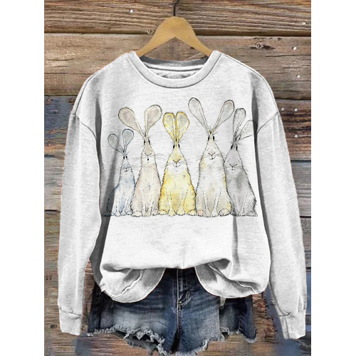 Watercolor Bunny Print Casual Cozy Sweatshirt