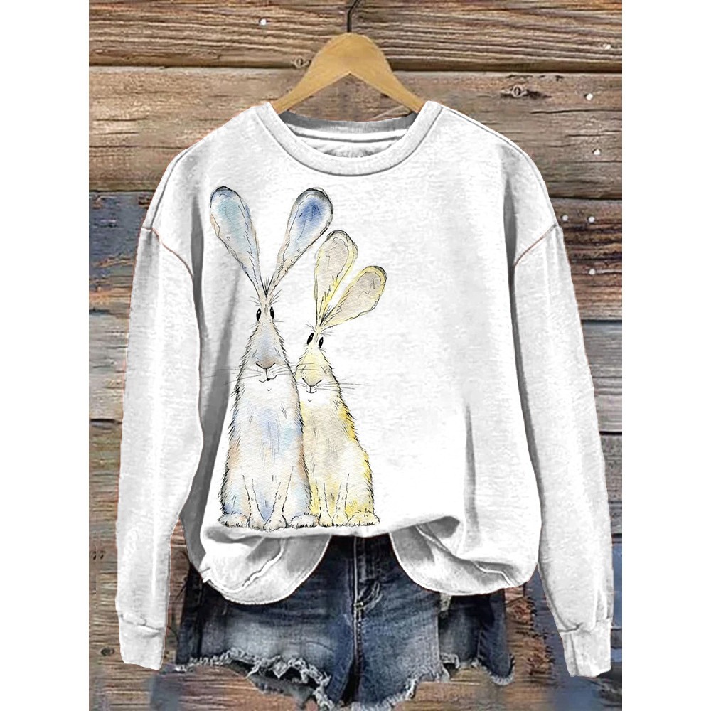 Watercolor Funny Rabbit Print Casual Cozy Sweatshirt