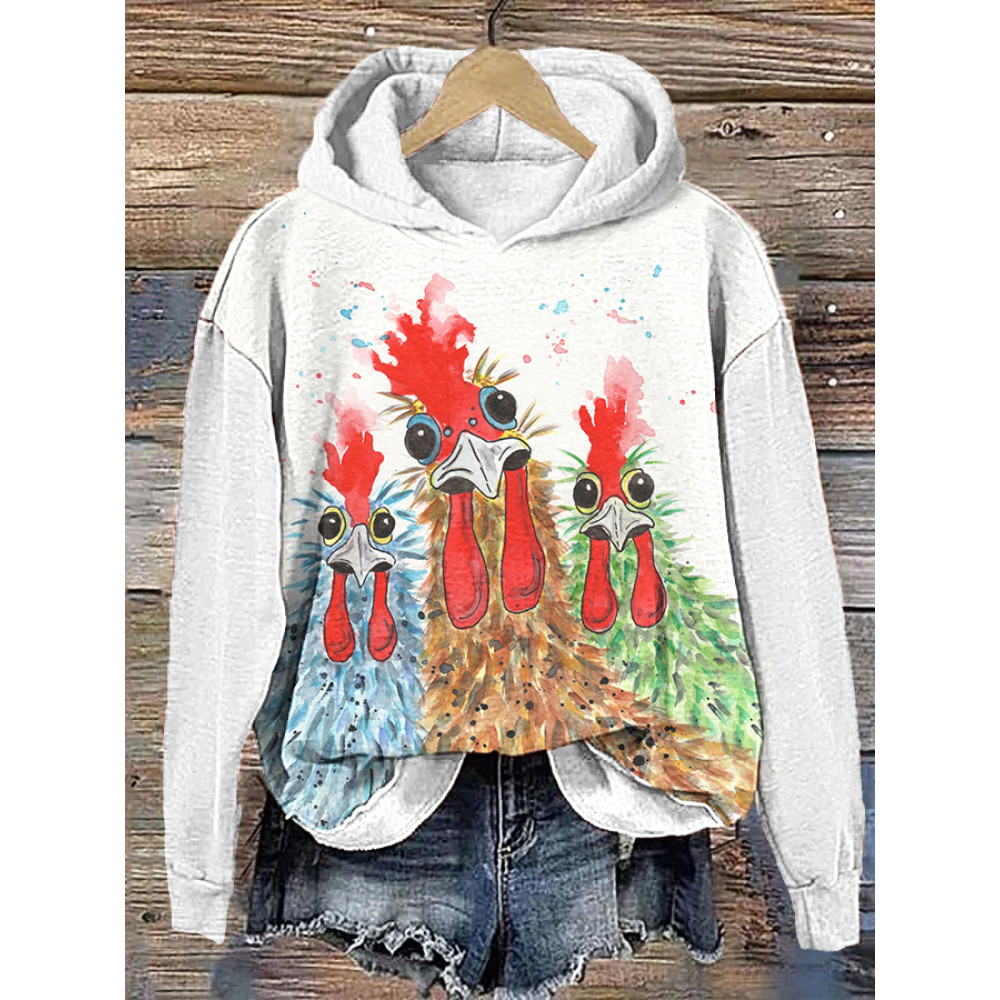 Watercolor Rooster Art Painting Print Casual Cozy Hoodie