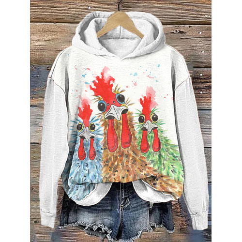 Watercolor Rooster Art Painting Print Casual Cozy Hoodie