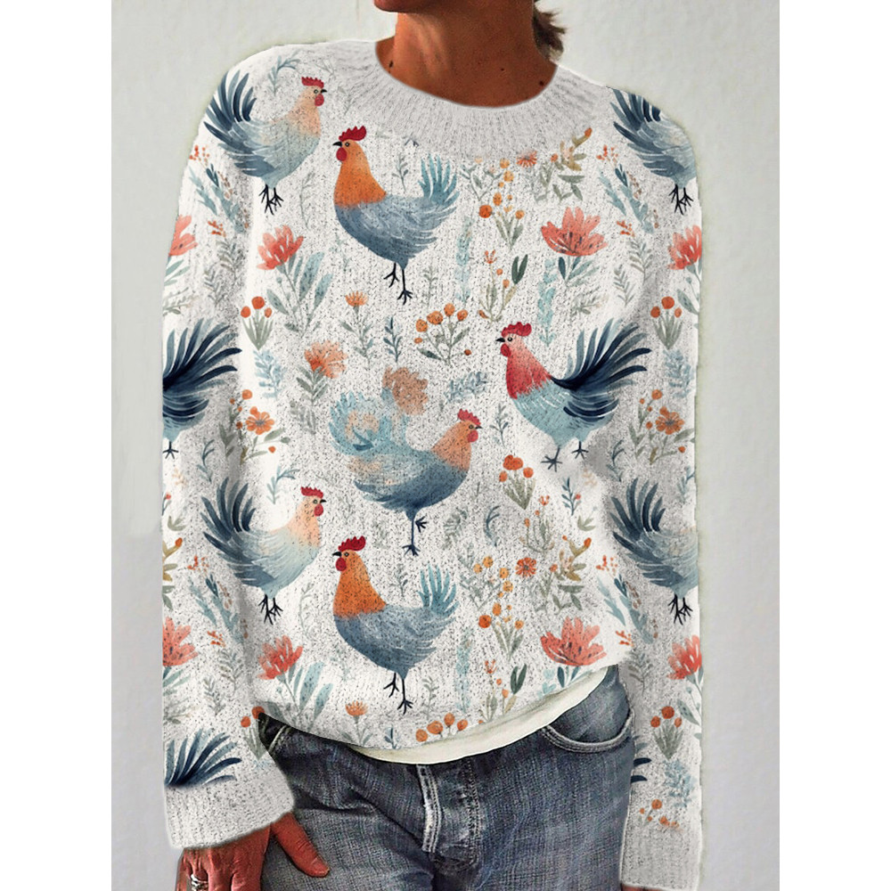 Watercolor Rooster Pattern Crew Neck Sweater