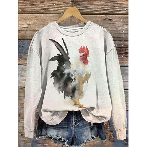 Watercolor Rooster Print Vintage Casual Cozy Sweatshirt